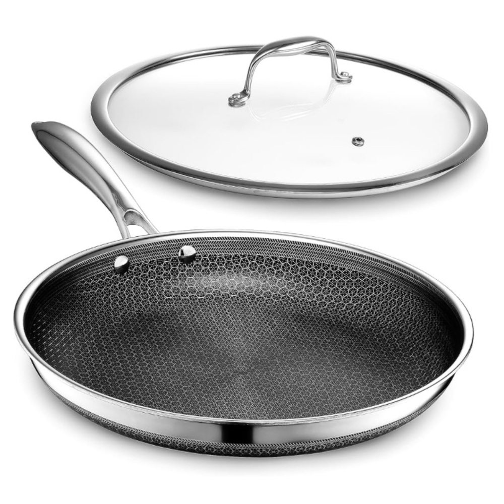 HexClad Hybrid Nonstick 12-Inch Fry Pan with Tempered Glass Lid Stay-Cool Handle